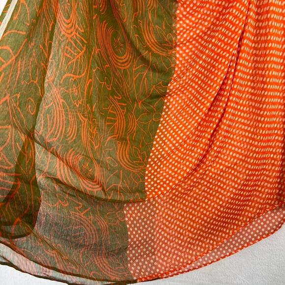 Scarf Wrap Shawl Polka Dot Floral Semi-Sheer XL Long Orange Green Vtg - Picture 2 of 8